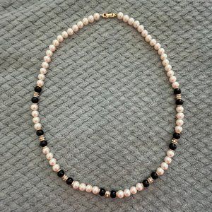 Vintage Faux White Pearl Necklace with Black Beads and Rhinestone Accents